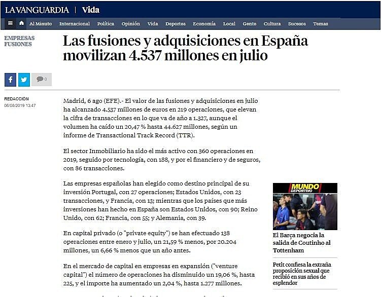 Las fusiones y adquisiciones en Espaa movilizan 4.537 millones en julio